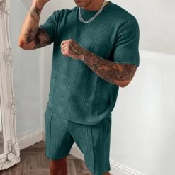 Discount OUKU Men's T-shirt Suits Tracksuit Tennis Shirt Shorts and T Shirt Set Short Sleeves Crew Neck Summer Plaid Gymnatics Casual 2 Piece Vacation Daily Wear Activewear Black Blue Dark Green Top Tee for Men