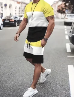 Discount OUKU Men's T-shirt Suits Tracksuit Tennis Shirt Shorts and T Shirt Set Short Sleeves Crew Neck Summer Color Block Gymnatics Casual 2 Piece Vacation Daily Wear Activewear Yellow Red Blue Top Tee for Men