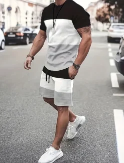Discount OUKU Men's T-shirt Suits Tracksuit Tennis Shirt Shorts and T Shirt Set Short Sleeves Crew Neck Summer Color Block Gymnatics Casual 2 Piece Vacation Daily Wear Activewear Yellow Red Blue Top Tee for Men