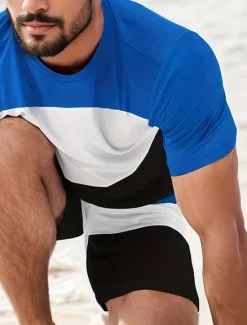 Discount OUKU Men's T-shirt Suits Tracksuit Tennis Shirt Shorts and T Shirt Set Short Sleeves Crew Neck Summer Color Block Gymnatics Casual 2 Piece Vacation Daily Wear Activewear Yellow Red Blue Top Tee for Men
