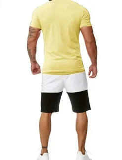 Discount OUKU Men's T-shirt Suits Tracksuit Tennis Shirt Shorts and T Shirt Set Short Sleeves Crew Neck Summer Color Block Gymnatics Casual 2 Piece Vacation Daily Wear Activewear Yellow Red Blue Top Tee for Men