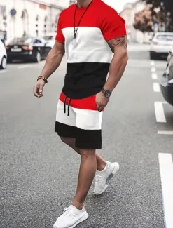Discount OUKU Men's T-shirt Suits Tracksuit Tennis Shirt Shorts and T Shirt Set Short Sleeves Crew Neck Summer Color Block Gymnatics Casual 2 Piece Vacation Daily Wear Activewear Yellow Red Blue Top Tee for Men