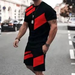 Hot OUKU Men's T-shirt Suits Tracksuit Tennis Shirt Shorts and T Shirt Set Short Sleeve Crew Neck Spring & Summer Color Block Sports Fashion Designer 2 Piece Outdoor Street Casual Black Red Blue Top Tee for