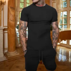 Hot OUKU Men's T-shirt Suits Tracksuit Tennis Shirt Shorts and T Shirt Set Short Sleeve Crew Neck Spring & Summer Solid Color Sports Fashion Designer 2 Piece Outdoor Street Casual Black White Pink Top Tee for
