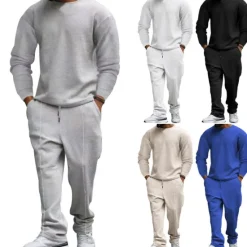 OUKU Men's T-shirt Suits Tracksuit Tennis Shirt Tees and Drawstring Long Pants Long Sleeve Crew Neck Spring & Fall Plain Gymnatics Casual 2 Piece Vacation Daily Wear Activewear Black White Royal Blue Top