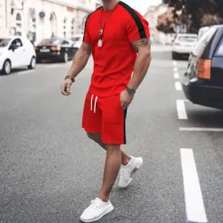 Clearance OUKU Men's T-shirt Suits Tracksuit Tennis Shirt Shorts and T Shirt Set Short Sleeve Short Sleeves Short Pant Round Neck Spring & Summer Geometry Muscle Sports Designer Sportswear Patchwork 2 Piece Street