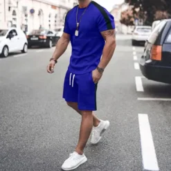 Clearance OUKU Men's T-shirt Suits Tracksuit Tennis Shirt Shorts and T Shirt Set Short Sleeve Short Sleeves Short Pant Round Neck Spring & Summer Geometry Muscle Sports Designer Sportswear Patchwork 2 Piece Street