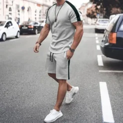 Clearance OUKU Men's T-shirt Suits Tracksuit Tennis Shirt Shorts and T Shirt Set Short Sleeve Short Sleeves Short Pant Round Neck Spring & Summer Geometry Muscle Sports Designer Sportswear Patchwork 2 Piece Street