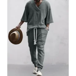 Best OUKU Men's T-shirt Suits Tracksuit Tennis Shirt Tees and Drawstring Long Pants 3/4-Length Sleeve V Neck Spring & Fall Plain Gymnatics Casual 2 Piece Knitting Vacation Daily Wear Activewear Black White
