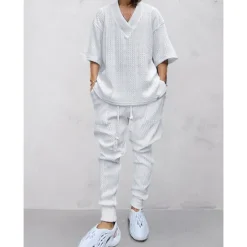 Best OUKU Men's T-shirt Suits Tracksuit Tennis Shirt Tees and Drawstring Long Pants 3/4-Length Sleeve V Neck Spring & Fall Plain Gymnatics Casual 2 Piece Knitting Vacation Daily Wear Activewear Black White