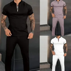Online OUKU Men's T-shirt Suits Tracksuit Tennis Shirt Shorts and T Shirt Set Short Sleeve Henley Spring & Fall Plain Sports Designer Classic 2 Piece Outdoor Street Daily Black White Dusty Rose Top Tee for Men