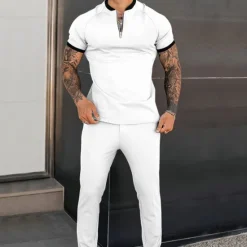 Online OUKU Men's T-shirt Suits Tracksuit Tennis Shirt Shorts and T Shirt Set Short Sleeve Henley Spring & Fall Plain Sports Designer Classic 2 Piece Outdoor Street Daily Black White Dusty Rose Top Tee for Men