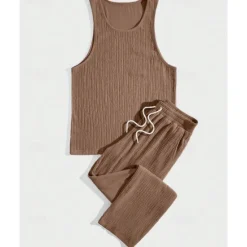 Clearance OUKU Men's T-shirt Suits Undershirt Shirt and Pant Sets 2 Pieces Outfits Sleeveless Crewneck Summer Plain Fashion Casual 2 Piece Vacation Daily Wear Going out Black Brown Khaki Top Tee for Men