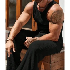 Clearance OUKU Men's T-shirt Suits Undershirt Shirt and Pant Sets 2 Pieces Outfits Sleeveless Crewneck Summer Plain Fashion Casual 2 Piece Vacation Daily Wear Going out Black Brown Khaki Top Tee for Men