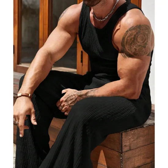 Clearance OUKU Men's T-shirt Suits Undershirt Shirt and Pant Sets 2 Pieces Outfits Sleeveless Crewneck Summer Plain Fashion Casual 2 Piece Vacation Daily Wear Going out Black Brown Khaki Top Tee for Men