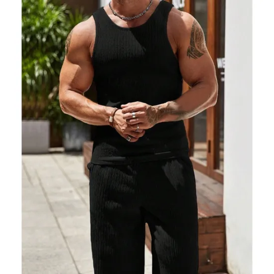 Clearance OUKU Men's T-shirt Suits Undershirt Shirt and Pant Sets 2 Pieces Outfits Sleeveless Crewneck Summer Plain Fashion Casual 2 Piece Vacation Daily Wear Going out Black Brown Khaki Top Tee for Men