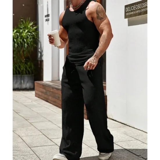 Clearance OUKU Men's T-shirt Suits Undershirt Shirt and Pant Sets 2 Pieces Outfits Sleeveless Crewneck Summer Plain Fashion Casual 2 Piece Vacation Daily Wear Going out Black Brown Khaki Top Tee for Men