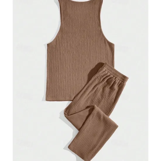 Clearance OUKU Men's T-shirt Suits Undershirt Shirt and Pant Sets 2 Pieces Outfits Sleeveless Crewneck Summer Plain Fashion Casual 2 Piece Vacation Daily Wear Going out Black Brown Khaki Top Tee for Men