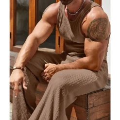 Clearance OUKU Men's T-shirt Suits Undershirt Shirt and Pant Sets 2 Pieces Outfits Sleeveless Crewneck Summer Plain Fashion Casual 2 Piece Vacation Daily Wear Going out Black Brown Khaki Top Tee for Men
