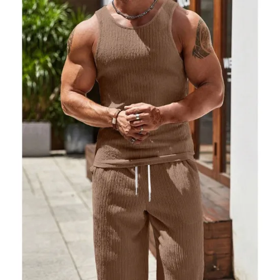 Clearance OUKU Men's T-shirt Suits Undershirt Shirt and Pant Sets 2 Pieces Outfits Sleeveless Crewneck Summer Plain Fashion Casual 2 Piece Vacation Daily Wear Going out Black Brown Khaki Top Tee for Men