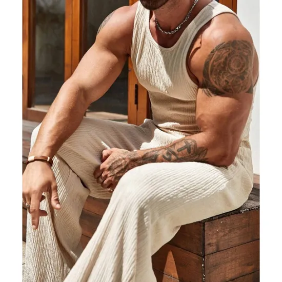 Clearance OUKU Men's T-shirt Suits Undershirt Shirt and Pant Sets 2 Pieces Outfits Sleeveless Crewneck Summer Plain Fashion Casual 2 Piece Vacation Daily Wear Going out Black Brown Khaki Top Tee for Men