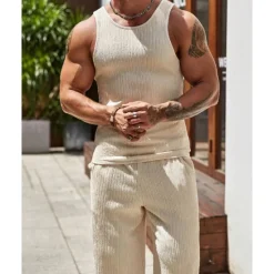 Clearance OUKU Men's T-shirt Suits Undershirt Shirt and Pant Sets 2 Pieces Outfits Sleeveless Crewneck Summer Plain Fashion Casual 2 Piece Vacation Daily Wear Going out Black Brown Khaki Top Tee for Men