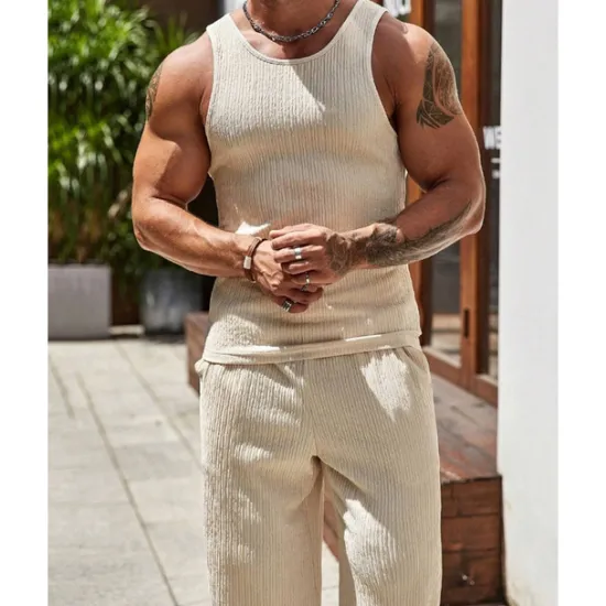 Clearance OUKU Men's T-shirt Suits Undershirt Shirt and Pant Sets 2 Pieces Outfits Sleeveless Crewneck Summer Plain Fashion Casual 2 Piece Vacation Daily Wear Going out Black Brown Khaki Top Tee for Men