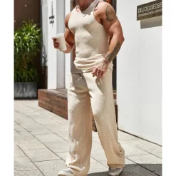 Clearance OUKU Men's T-shirt Suits Undershirt Shirt and Pant Sets 2 Pieces Outfits Sleeveless Crewneck Summer Plain Fashion Casual 2 Piece Vacation Daily Wear Going out Black Brown Khaki Top Tee for Men