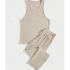 Clearance OUKU Men's T-shirt Suits Undershirt Shirt and Pant Sets 2 Pieces Outfits Sleeveless Crewneck Summer Plain Fashion Casual 2 Piece Vacation Daily Wear Going out Black Brown Khaki Top Tee for Men