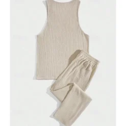 Clearance OUKU Men's T-shirt Suits Undershirt Shirt and Pant Sets 2 Pieces Outfits Sleeveless Crewneck Summer Plain Fashion Casual 2 Piece Vacation Daily Wear Going out Black Brown Khaki Top Tee for Men