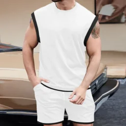 Outlet OUKU Men's T-shirt Suits Undershirt 2 Pieces Outfits Tee & Shorts Sleeveless Crewneck Summer Solid / Plain Color Fashion Casual 2 Piece Vacation Daily Wear Going out Black White Brown Top Tee for Men