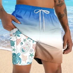 Online OUKU Men's Turtles Sea Creatures Lined Shorts 2 in 1 Board Shorts Swim Shorts Mid Waist Hawaiian Vacation Holiday Beach Wear Side Pockets With Compression Liner Elastic Drawstring Waist Designer Clothing