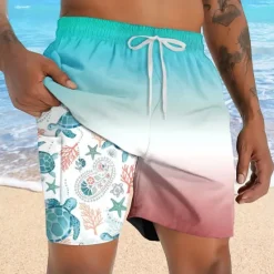 Online OUKU Men's Turtles Sea Creatures Lined Shorts 2 in 1 Board Shorts Swim Shorts Mid Waist Hawaiian Vacation Holiday Beach Wear Side Pockets With Compression Liner Elastic Drawstring Waist Designer Clothing