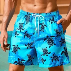 Best OUKU Men's Turtles Sea Creatures Swimming Trunks Board Shorts Shorts Mid Waist Streetwear Hawaiian Casual Daily Holiday Pocket Drawstring Elastic Waist Designer Clothing Apparel Blue