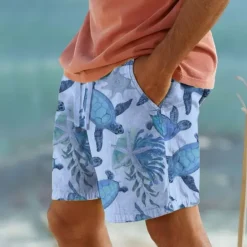 Best OUKU Men's Turtles Sea Creatures Shorts Cotton Linen Shorts Mid Waist Hawaiian Vacation Dailywear Holiday Pocket Drawstring Elastic Waist Designer Clothing Apparel