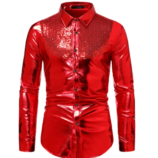 Sale OUKU Men's Tuxedo Shirts Color Block Party Holiday Silver Red Gold Long Sleeve Turndown Spring & Fall Clothing Apparel Sequins