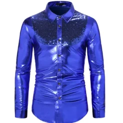 Sale OUKU Men's Tuxedo Shirts Color Block Party Holiday Silver Red Gold Long Sleeve Turndown Spring & Fall Clothing Apparel Sequins