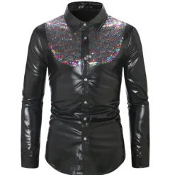Sale OUKU Men's Tuxedo Shirts Color Block Party Holiday Silver Red Gold Long Sleeve Turndown Spring & Fall Clothing Apparel Sequins