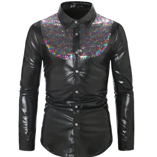 Sale OUKU Men's Tuxedo Shirts Color Block Party Holiday Silver Red Gold Long Sleeve Turndown Spring & Fall Clothing Apparel Sequins
