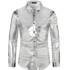 Sale OUKU Men's Tuxedo Shirts Color Block Party Holiday Silver Red Gold Long Sleeve Turndown Spring & Fall Clothing Apparel Sequins