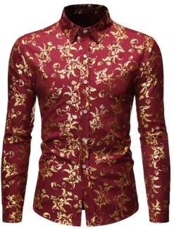 Sale OUKU Men's Tuxedo Shirts Floral Outdoor Party Wine Black White Dark Blue Long Sleeve Turndown Spring Fall Clothing Apparel Print