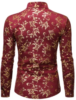 Sale OUKU Men's Tuxedo Shirts Floral Outdoor Party Wine Black White Dark Blue Long Sleeve Turndown Spring Fall Clothing Apparel Print