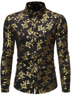 Sale OUKU Men's Tuxedo Shirts Floral Outdoor Party Wine Black White Dark Blue Long Sleeve Turndown Spring Fall Clothing Apparel Print