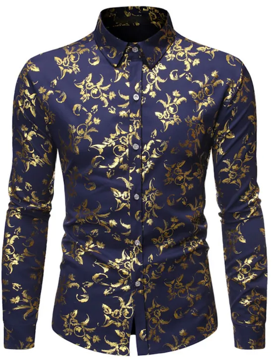 Sale OUKU Men's Tuxedo Shirts Floral Outdoor Party Wine Black White Dark Blue Long Sleeve Turndown Spring Fall Clothing Apparel Print