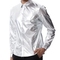 Online OUKU Men's Tuxedo Shirts Plain Party Holiday Silver Black Long Sleeve Turndown Spring & Fall Clothing Apparel Button-Down