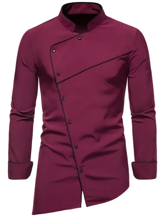 Best OUKU Men's Tuxedo Shirts Shirt Solid Colored Standing Collar Party Casual Long Sleeve Tops Retro Wine White Black / Summer Shirts/Wedding