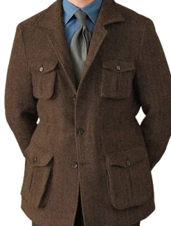 Clearance OUKU Men's Tweed Blazer Notch Collar Retro Vintage Herringbone Blazer Navy Blue Brown Dark Grey Standard Fit Single Breasted Three-buttons