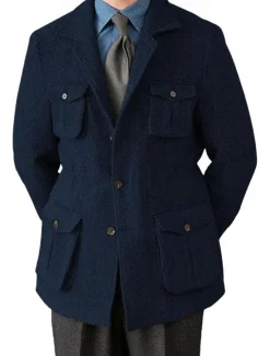 Clearance OUKU Men's Tweed Blazer Notch Collar Retro Vintage Herringbone Blazer Navy Blue Brown Dark Grey Standard Fit Single Breasted Three-buttons
