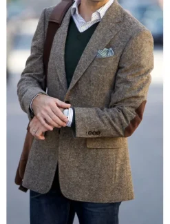 Clearance OUKU Men's Tweed Herringbone Blazer Jacket Vintage Plus Size Regular Tailored Fit Single Breasted Two-buttons Green khaki