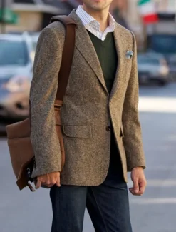 Clearance OUKU Men's Tweed Herringbone Blazer Jacket Vintage Plus Size Regular Tailored Fit Single Breasted Two-buttons Green khaki